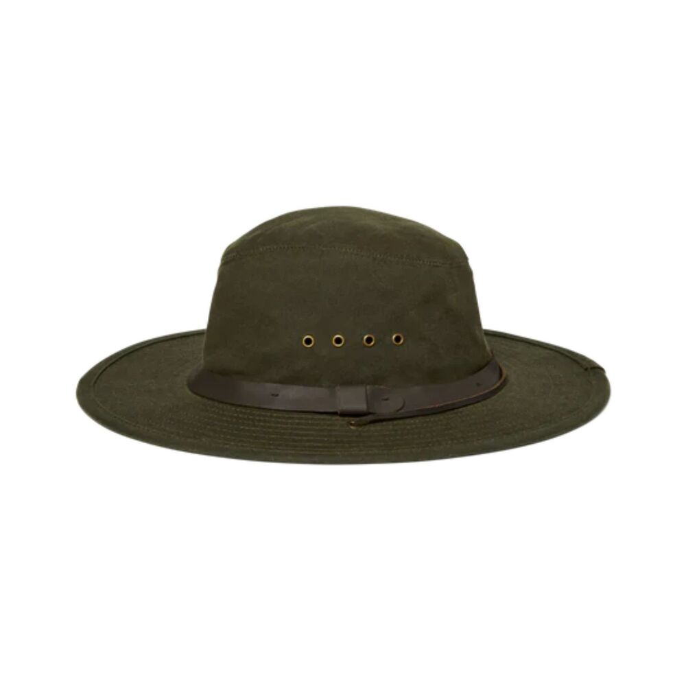 Filson Waxed Canvas Brush Tin Cloth Bush Hat Leather Trim Olive Green Safari Sm.